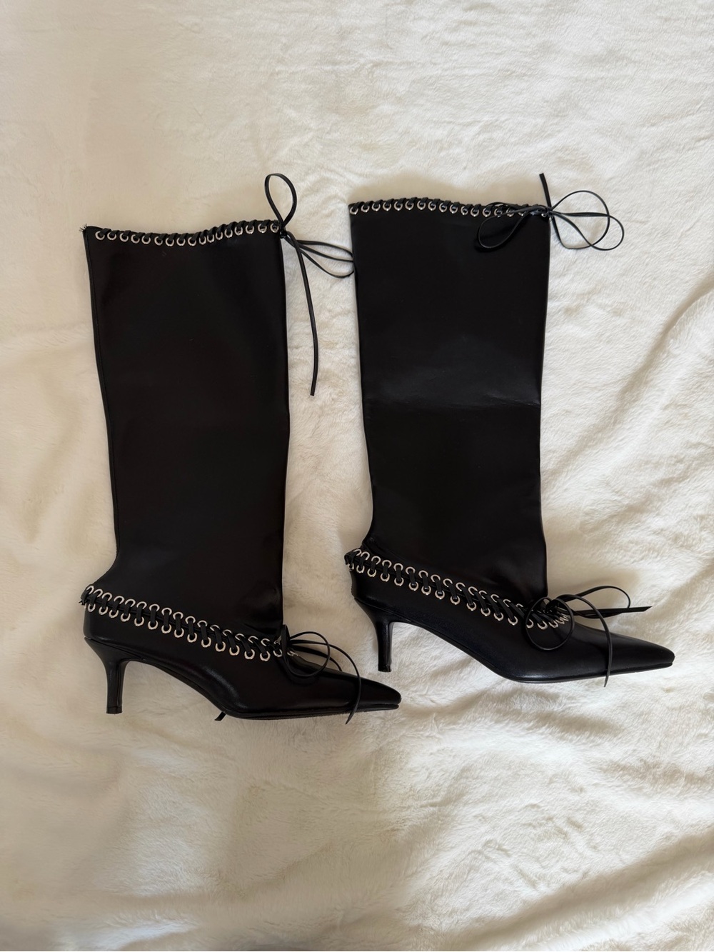 Goolita Metal Eyelets Pointed Toe Knee High Boots Women Kitten Heel Size 7 - Picture 14 of 16